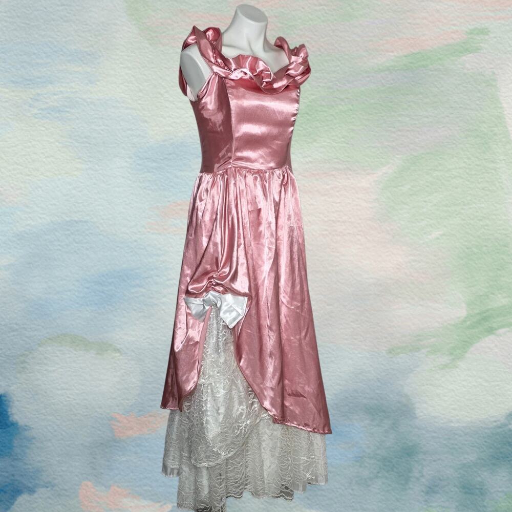 Pink Satin Ruffled Prom Dress with Lace Underskirt